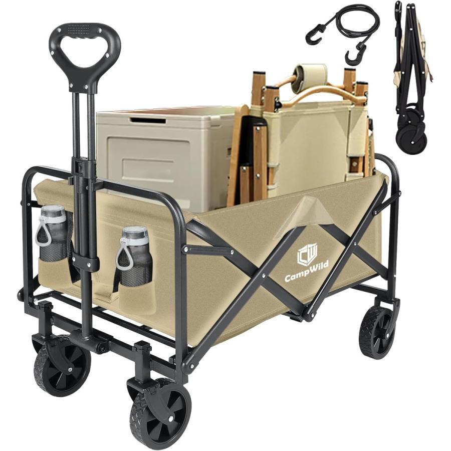 CampWild キャリーワゴン折りたたみ式キャリーカート アウトドア用キャリーワゴン 軽量 大容量100L 耐荷重100kg 収納ポケット付  コンパクト ワンタッチ WTC-CW-2