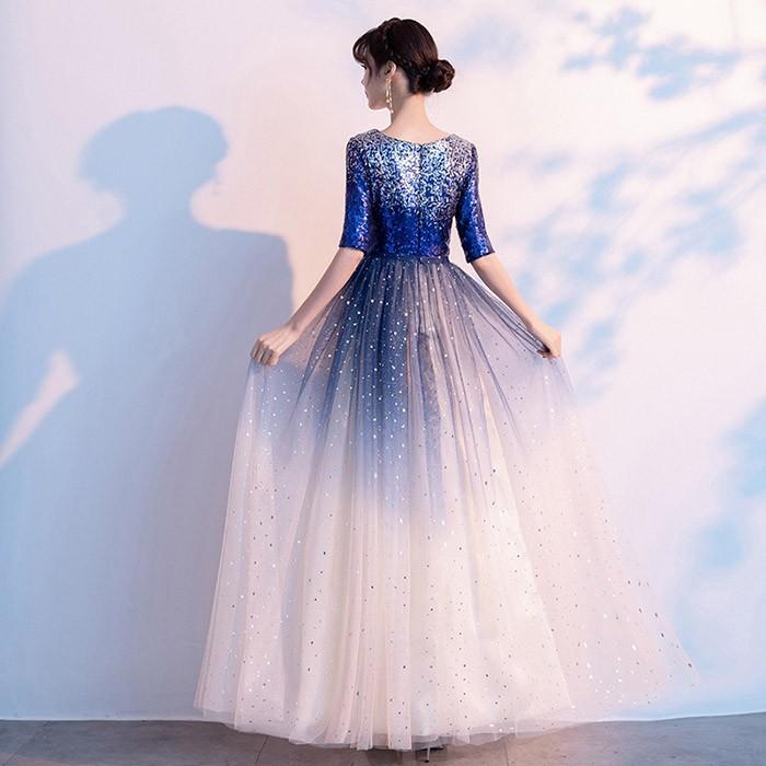 ドレス グラデーション 五分袖 キラキラ 大人 ピアノ 発表会 ロング