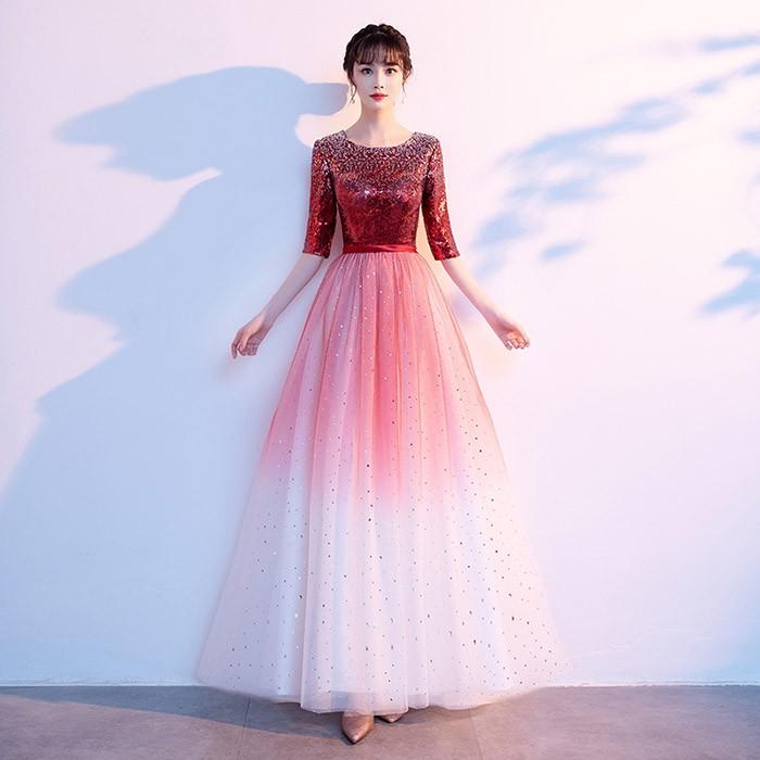 ドレス グラデーション 五分袖 キラキラ 大人 ピアノ 発表会 ロング