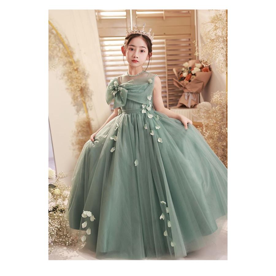 子供ドレス グリーン ワンピース 花柄 ロングドレス ピアノ発表会 子供