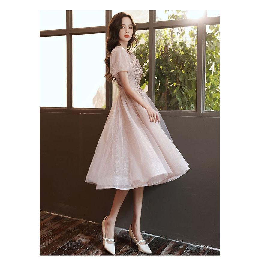 ドレス 大人 ピアノ発表会 ピンク 演奏会 ミモレ丈 結婚式 大きい