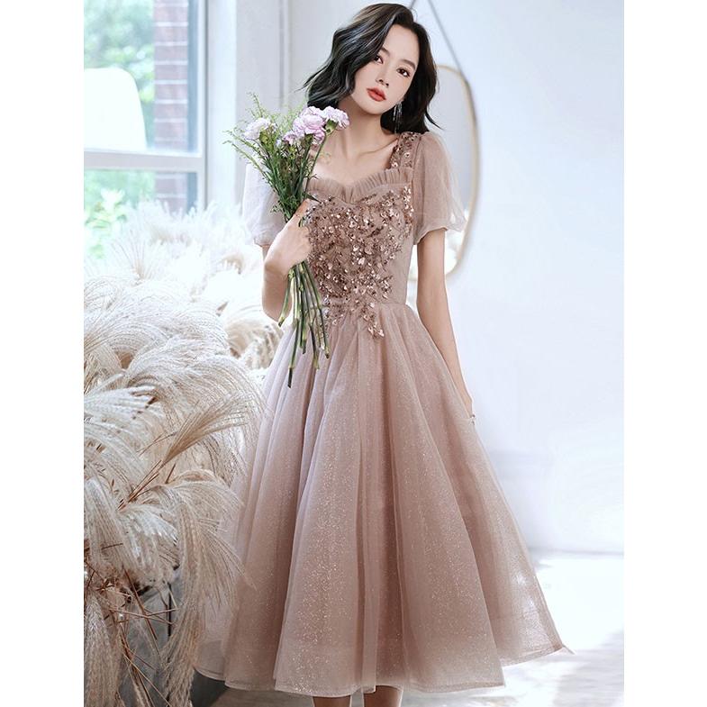 ドレス 大人 ピアノ発表会 ピンク 演奏会 ミモレ丈 結婚式 大きい