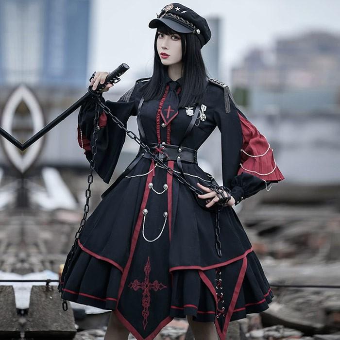 ミニロリ 軍服ロリータ フルセット ミリタリーロリィタ ブラック 黒 膝