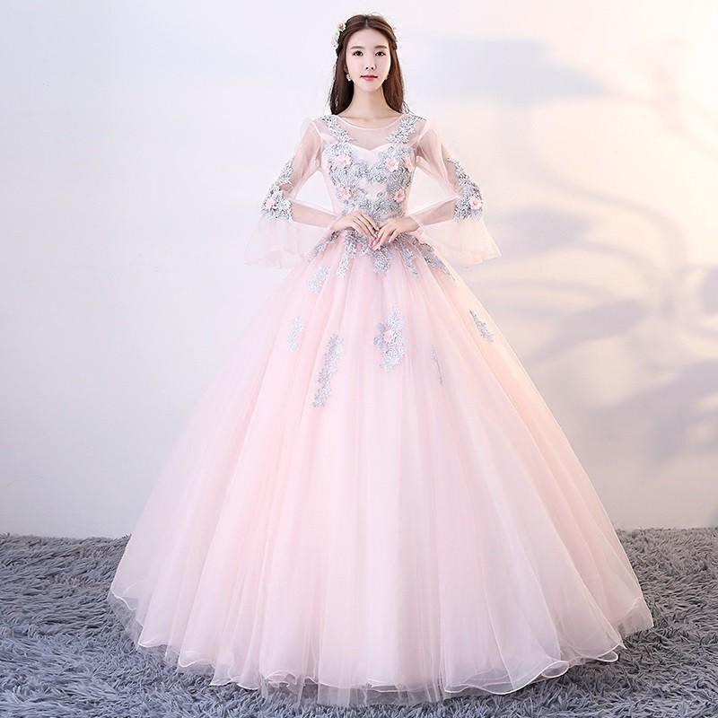 カラードレス ウェディングドレス ロングドレス 袖あり 体型カバー