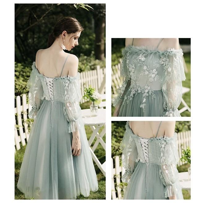 ブライズメイド ドレス ミモレ丈 二次会 肩出し 結婚式 大きい