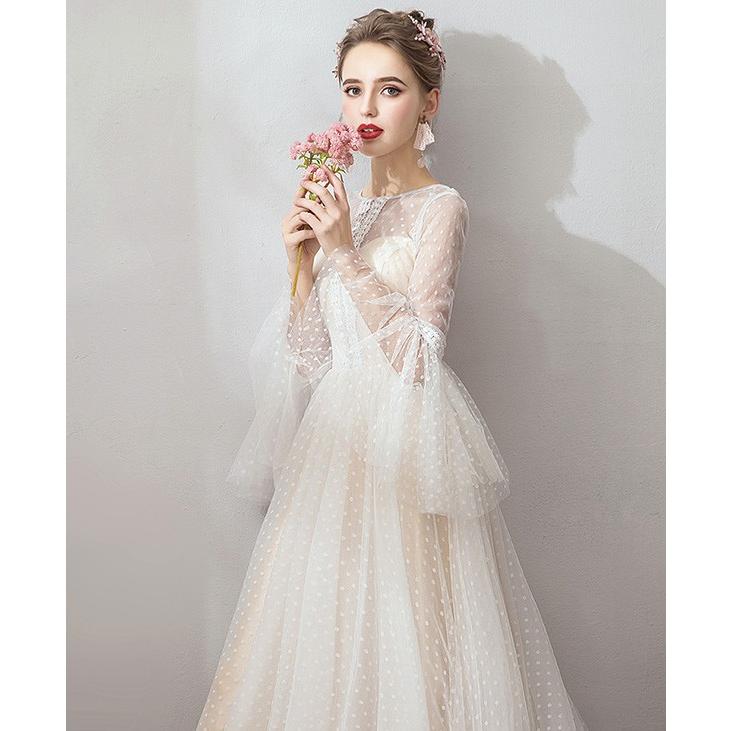 ウエディングドレス ロング丈 トレーンタイプ 袖あり 花嫁 結婚式 パーティードレス フォーマル ラウンド ベルスリーブ 大きいサイズ プリンセスドレス 締め上げ_1
