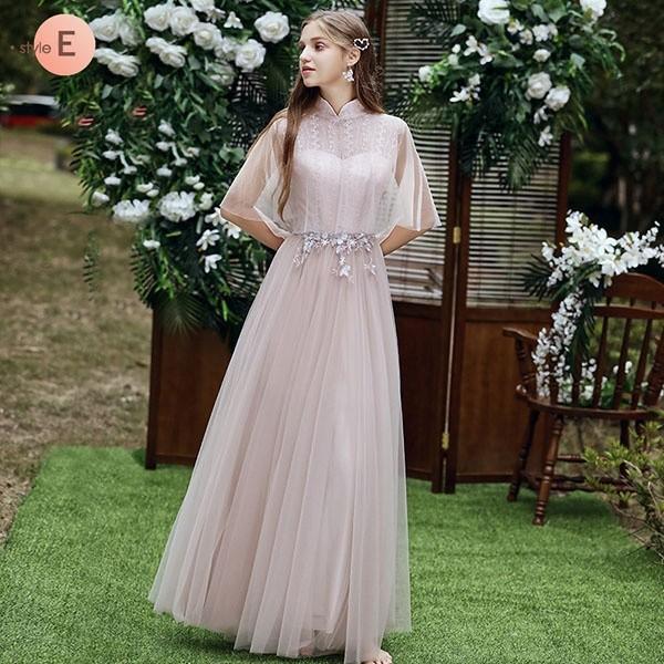 ブライズメイド ドレス ロング丈 二次会 袖あり Vネック パーティー