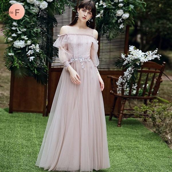 ブライズメイド ドレス ロング丈 二次会 袖あり Vネック パーティー