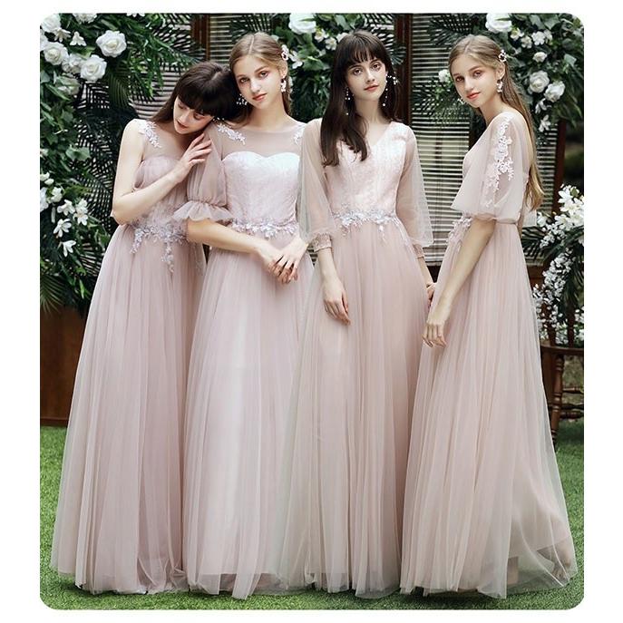 ブライズメイド ドレス ロング丈 二次会 袖あり Vネック パーティー