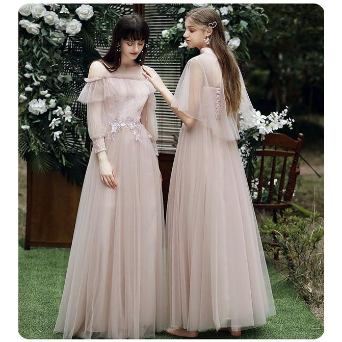 ブライズメイド ドレス ロング丈 二次会 袖あり Vネック パーティー