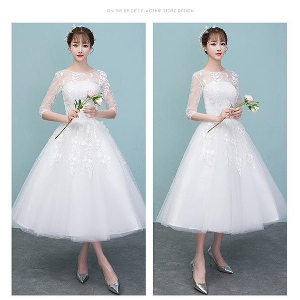 ウエディングドレス 大きいサイズ Aライン 結婚式 ミモレ丈 袖あり