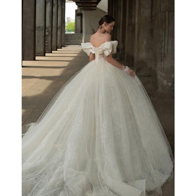 【送料無料】花嫁 ウェディングドレス オフショルダー ハイウエスト 小さいサイズ 大きいサイズ 着痩せ 結婚式 編み上げタイプ ロングドレス 袖あり 袖付き ウエディングドレス ホワイト 挙式 撮影用 花嫁 ウェディングドレス べアトップ ハイウエスト フリル 小さい