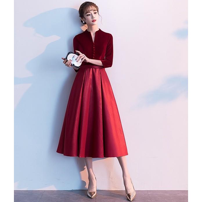 ドレス 演奏会 パーティードレス 大人 ミモレ丈 袖あり 結婚式