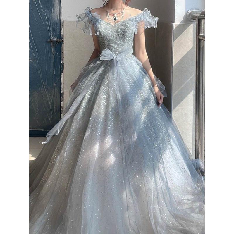 ドレス 大人 ピアノ 発表会 ロング 演奏会 結婚式 ワンピース 水色