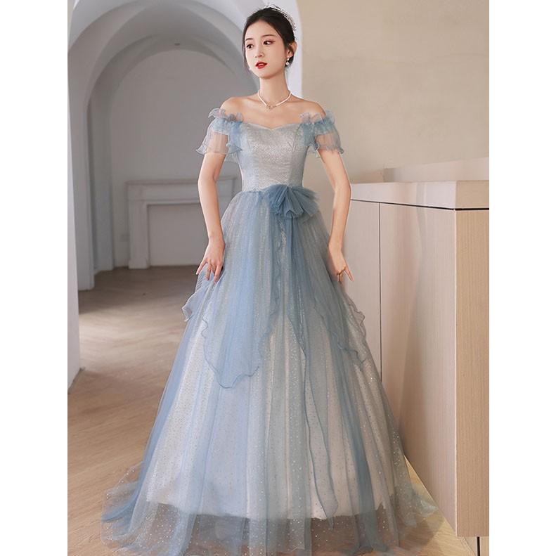 ドレス 大人 ピアノ 発表会 ロング 演奏会 結婚式 ワンピース 水色