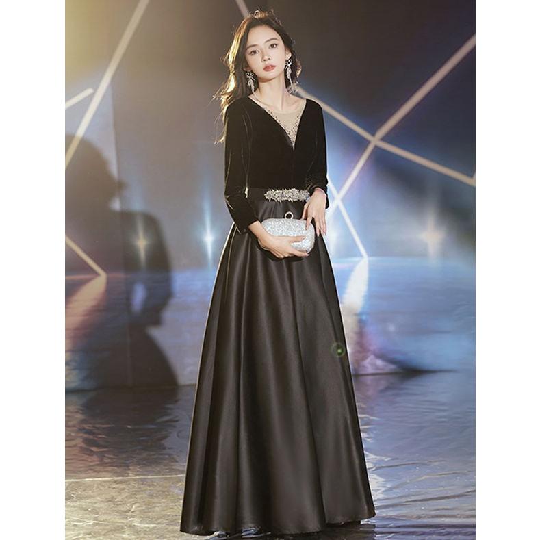 イブニングドレス ワンピース 演奏会ドレス 黒ドレス ドレス 大人 ピアノ 発表会 ロング演奏会 結婚式 黒 ワンピース