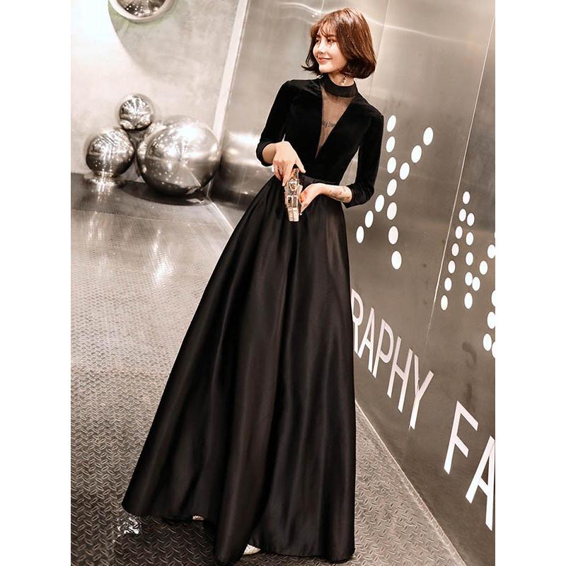 ドレス 大人 ピアノ 発表会 ロング 演奏会 結婚式 母親 黒 ワンピース