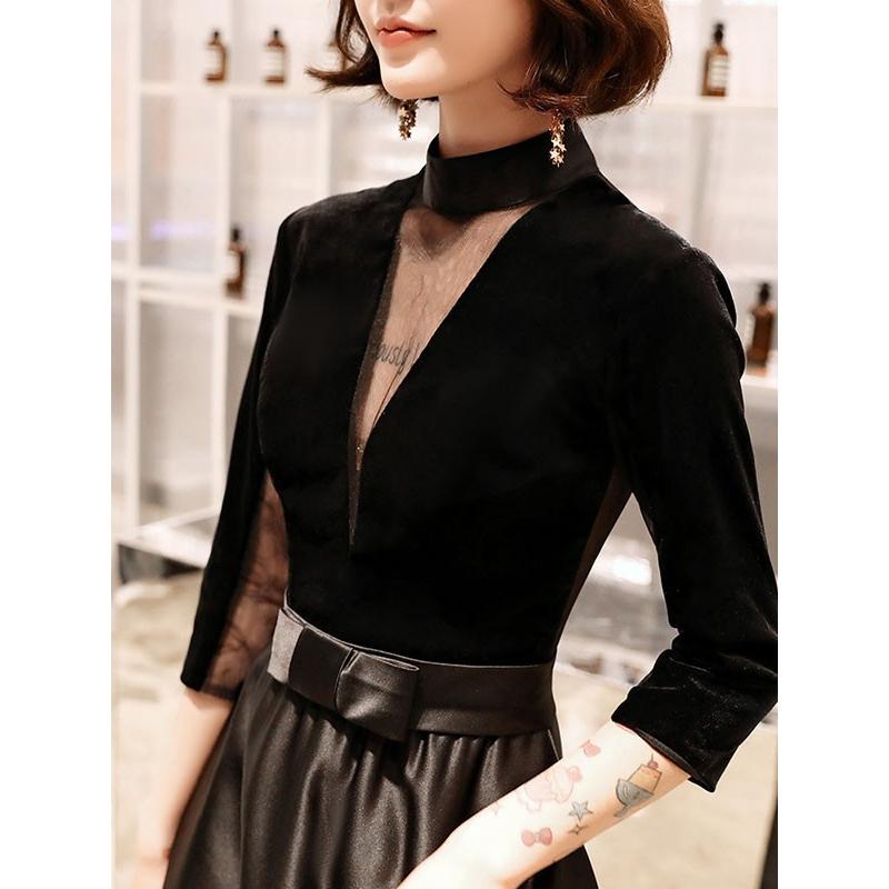 ドレス 大人 ピアノ 発表会 ロング 演奏会 結婚式 母親 黒 ワンピース