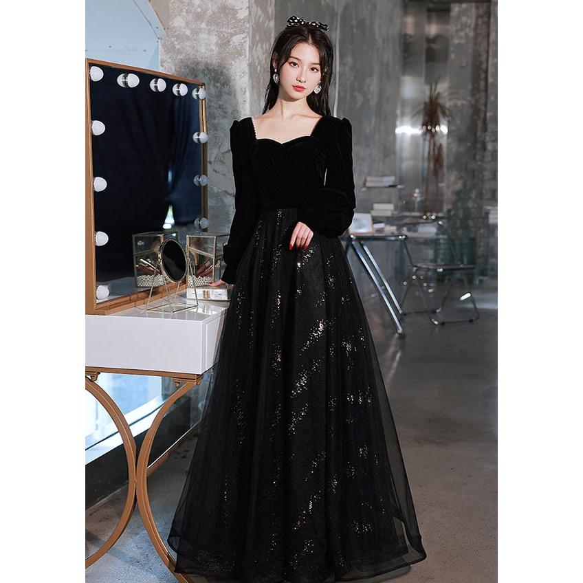 ドレス 大人 ピアノ 発表会 ロング 演奏会 結婚式 黒 ワンピース