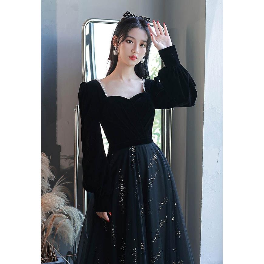 ドレス 大人 ピアノ 発表会 ロング 演奏会 結婚式 黒 ワンピース 長袖