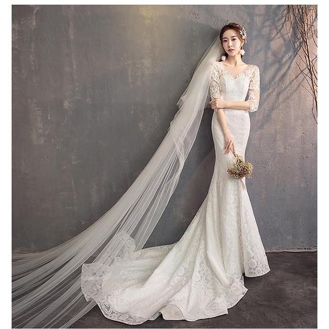 花嫁 ウェディングドレス フィッシュテール 小さいサイズ 袖あり