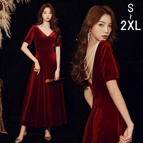 完売 Vネック 発表会 ピアノ 大人 ドレス バックレス ロングドレス パーティードレス ピアノ発表会 演奏会 イブニングドレス ベルベット パーティドレス サイズ L Hqpt Com