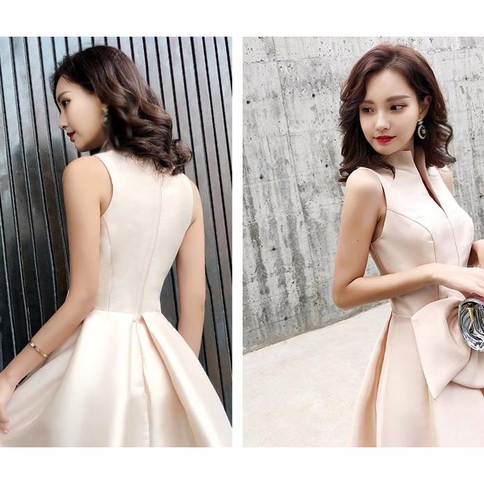 パーティードレス レディース ミモレ丈 結婚式 ワンピース ウエディングドレス 韓国 フォーマル 小さいサイズ 大きいリボン ノースリーブ 発表会 披露宴 演奏会_4