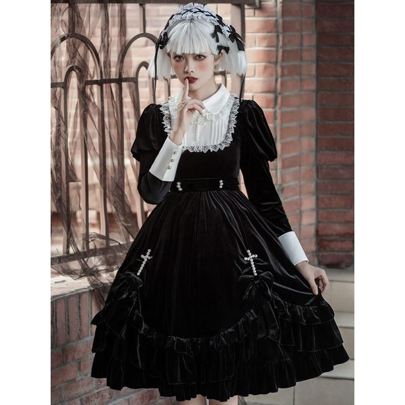 ワンピース ロリータ ハロウィン シスター風 十字架 ミモレ丈