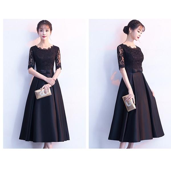 パーティードレス ミモレ丈 演奏会 黒 結婚式 母親 大人 ピアノ 発表会