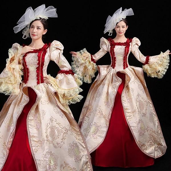 貴族 ドレス ステージ衣装 舞台衣装 オペラ声楽 中世貴族風 お姫様 クリスマス パーティー ファスナータイプ 演奏会用 大きいサイズ フリル 長袖 Aライン