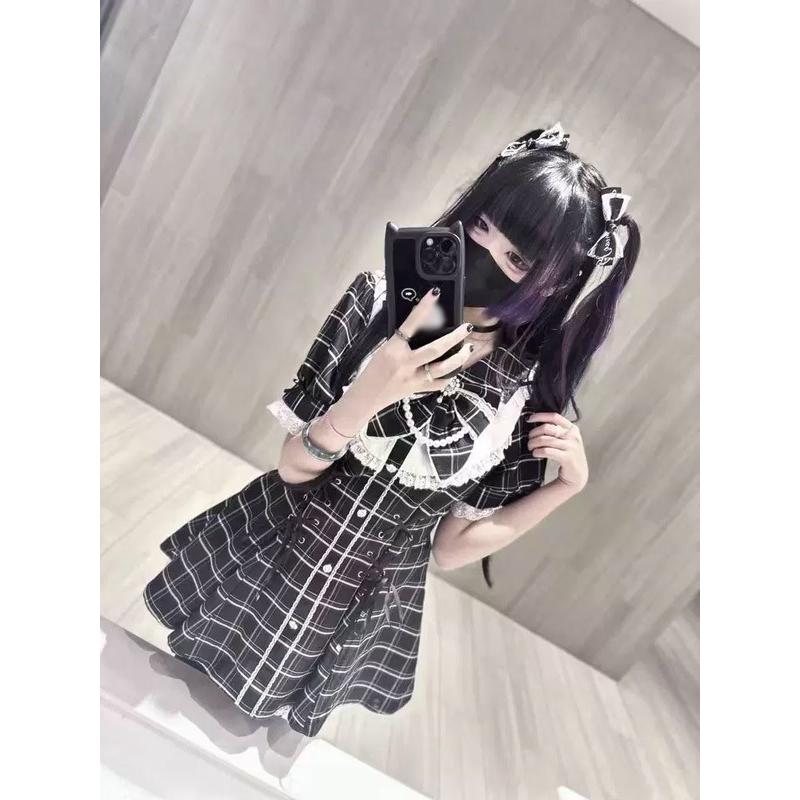 新品 長袖レディース ブラックチェック ワンピース リボン レース 量産型地雷系 新品未使用】長袖ブラックチェック ワンピース リボン レース