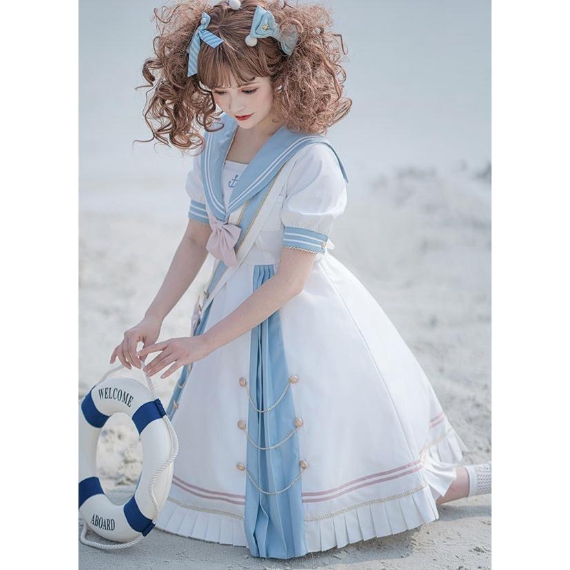 ワンピース レディース ロリータ Aライン 半袖 リボン プリーツ マリン