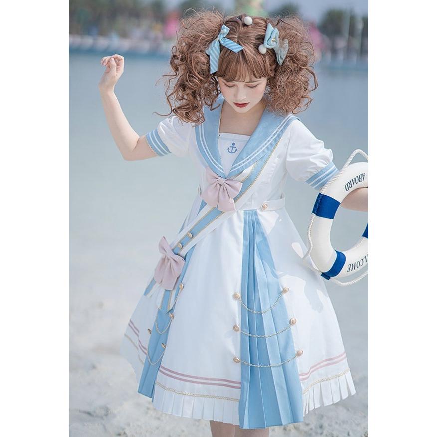 ワンピース レディース ロリータ Aライン 半袖 リボン プリーツ