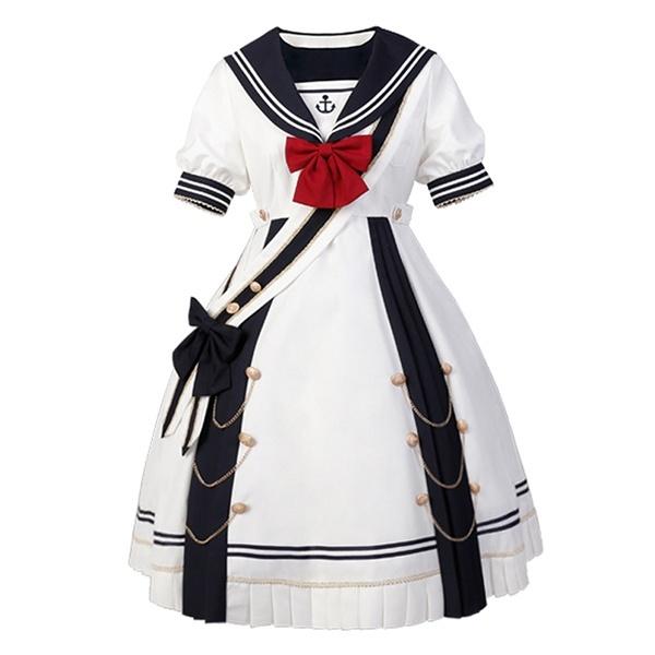 ワンピース レディース ロリータ Aライン 半袖 リボン プリーツ マリン