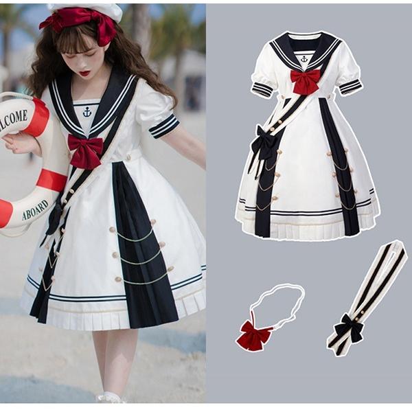 ワンピース レディース ロリータ  Aライン 半袖 リボン プリーツ マリン セーラー服 セーラーワンピ パフスリーブ かわいい パーティー｜itsumo-store｜03