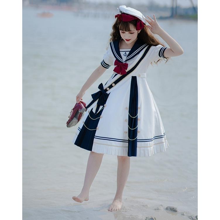 ワンピース レディース ロリータ Aライン 半袖 リボン プリーツ マリン