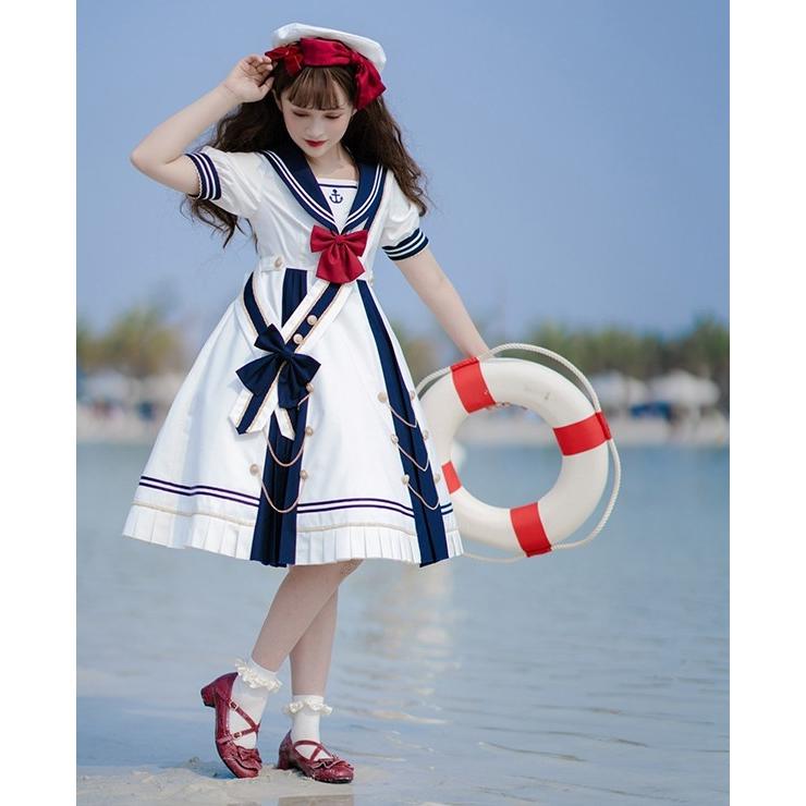 ワンピース レディース ロリータ Aライン 半袖 リボン プリーツ マリン