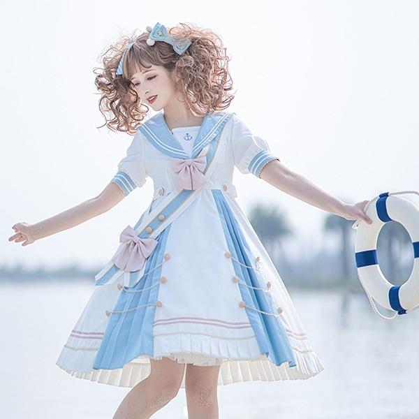 ワンピース レディース ロリータ Aライン 半袖 リボン プリーツ マリン