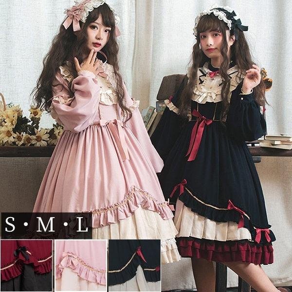 ワンピース レディース ロリータ ゴスロリ Aライン 半袖 長袖 アンティーク クラシカル フリル リボン イベント かわいい 長袖 パーティー