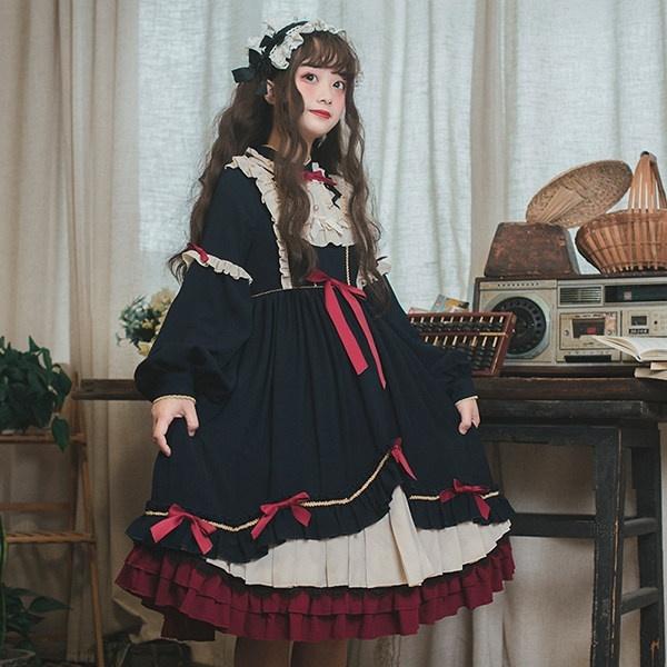 ワンピース レディース ロリータ ゴスロリ Aライン 半袖 長袖 アンティーク クラシカル フリル リボン イベント かわいい 長袖 パーティー_6