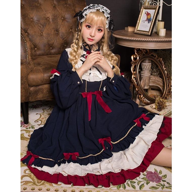 ワンピース レディース ロリータ ゴスロリ Aライン 半袖 長袖 アンティーク クラシカル フリル リボン イベント かわいい 長袖 パーティー_7