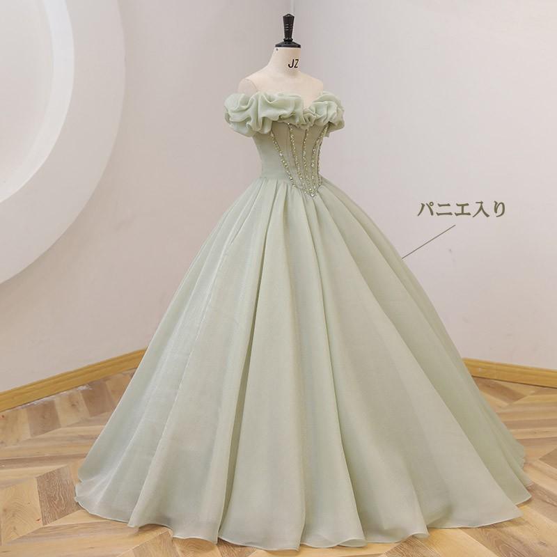 カラードレス お色直し 結婚式 ロングドレス 演奏会 袖なし オフショルダー パーティードレス ライトグリーン 浅い緑 フォト婚 ピアノ発表会 イブニングドレスの画像