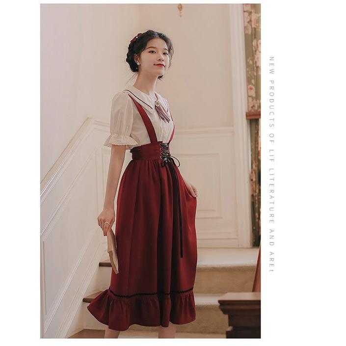 洋服 ロリータ ブラウス 3点セット 3カラー 半袖 サスペンダースカート ロングスカート Aライン パワーショルダー キャンディスリーブ リボン レディース_4
