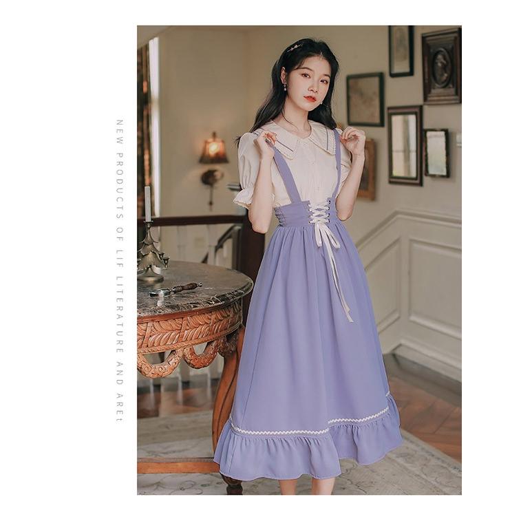 洋服 ロリータ ブラウス 3点セット 3カラー 半袖 サスペンダースカート ロングスカート Aライン パワーショルダー キャンディスリーブ リボン レディース_6