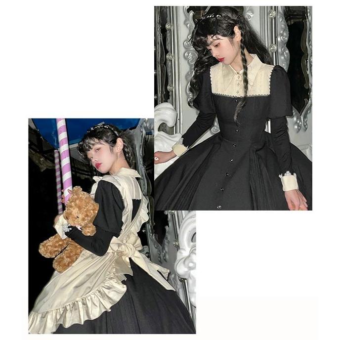 クラロリ ゴスロリ ロリータ 上下セット メイド服 エプロン コスプレ ブラウス リボン クリスマス 仮装 文化祭 シスター イベント クラロリ ゴスロリ ロリータ 上下セット メイド服 エプロン コスプレ