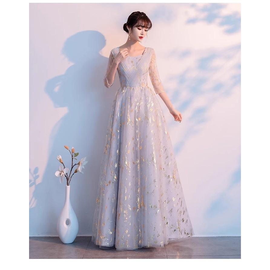 パーティードレス 袖あり 発表会 成人式 結婚式 黒ドレス レディース ワンピース ロング丈 花嫁 二次会 フォーマルドレス 大人 ピアノグレー ブルー XS-4L