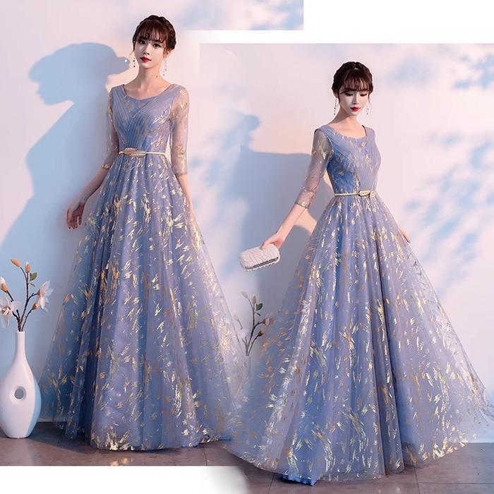 パーティードレス 袖あり 発表会 成人式 結婚式 黒ドレス レディース ワンピース ロング丈 花嫁 二次会 フォーマルドレス 大人 ピアノグレー ブルー XS-4L