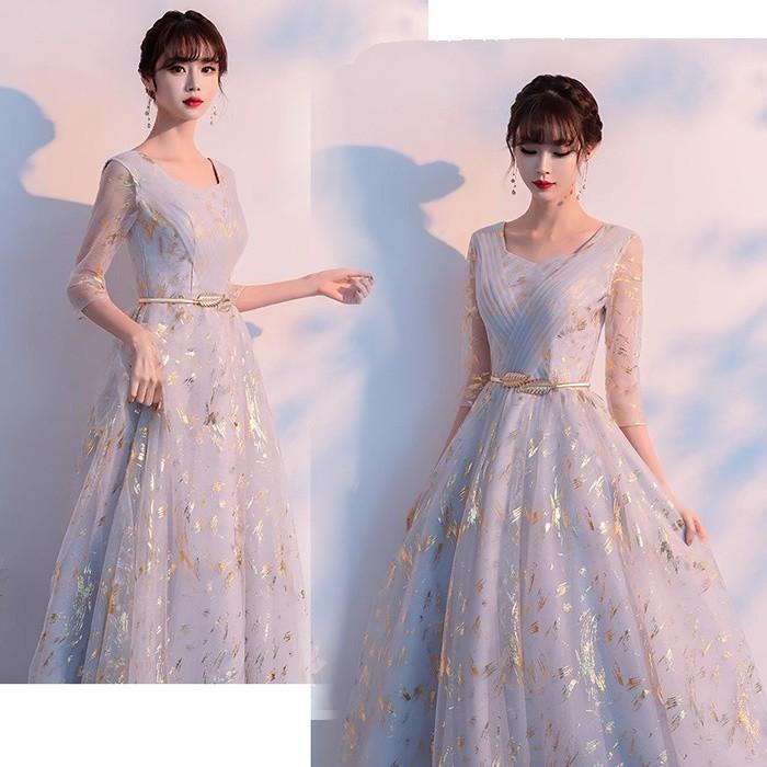 パーティードレス 袖あり 発表会 成人式 結婚式 黒ドレス レディース ワンピース ロング丈 花嫁 二次会 フォーマルドレス 大人 ピアノグレー ブルー XS-4L