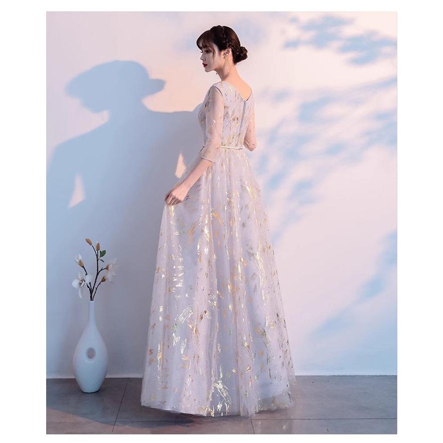 パーティードレス 袖あり 発表会 成人式 結婚式 黒ドレス レディース ワンピース ロング丈 花嫁 二次会 フォーマルドレス 大人 ピアノグレー ブルー XS-4L