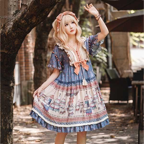 ワンピース レディース ロリータ ガーリー Aライン 半袖 コスチューム かわいい フリル リボン 仮装 ゆめかわ 髪飾り追加可 イベント